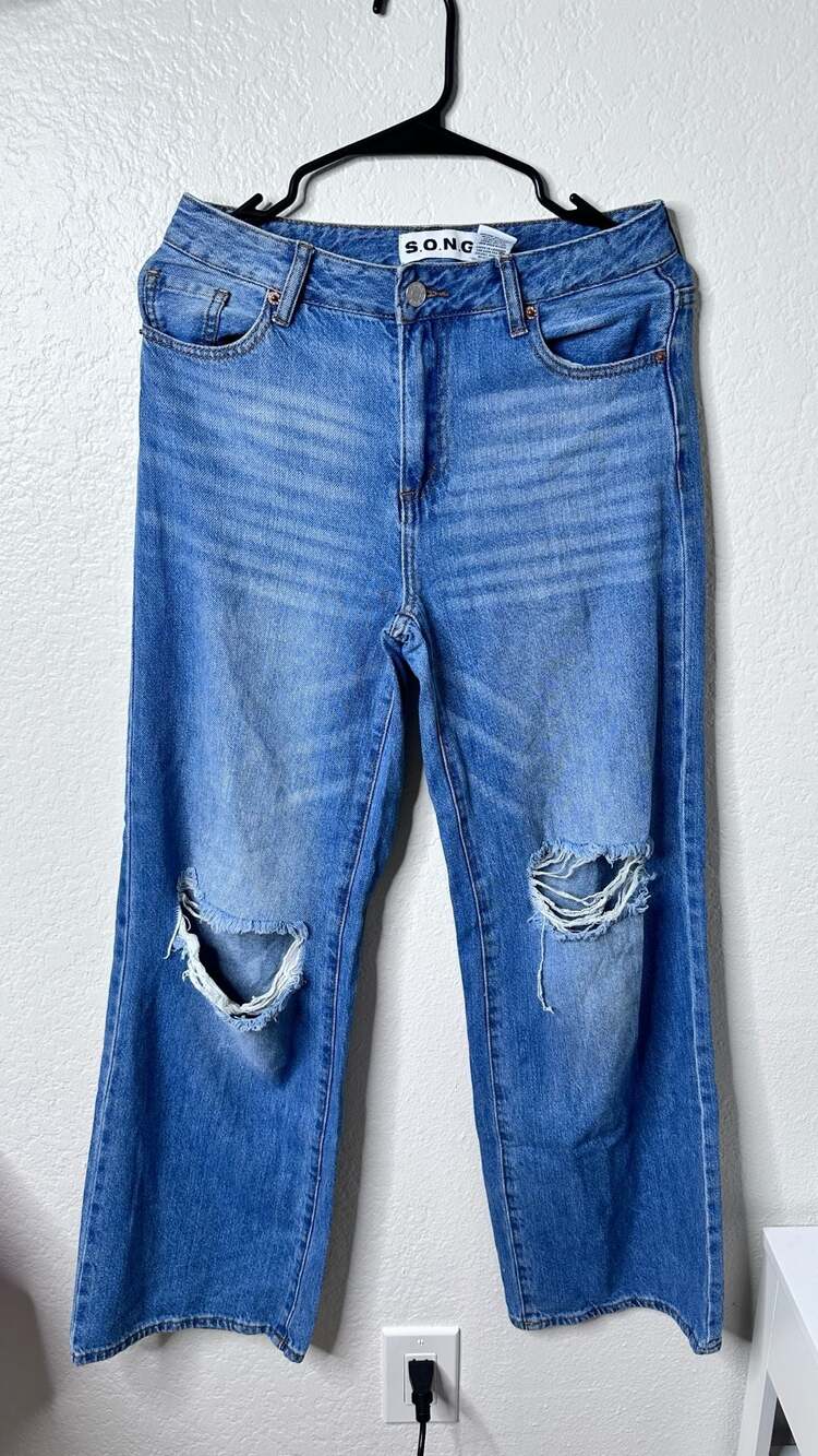 S.O.N.G. Women's Distressed High-Waist Wide Leg Jeans - Size 0/24